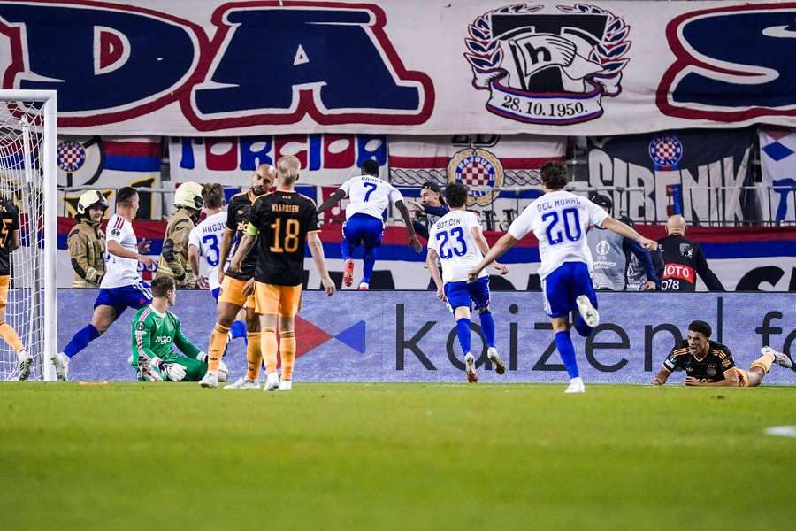 Hajduk Split celebrates scoring against Ajax Hajduk Split celebrates scoring against Ajax