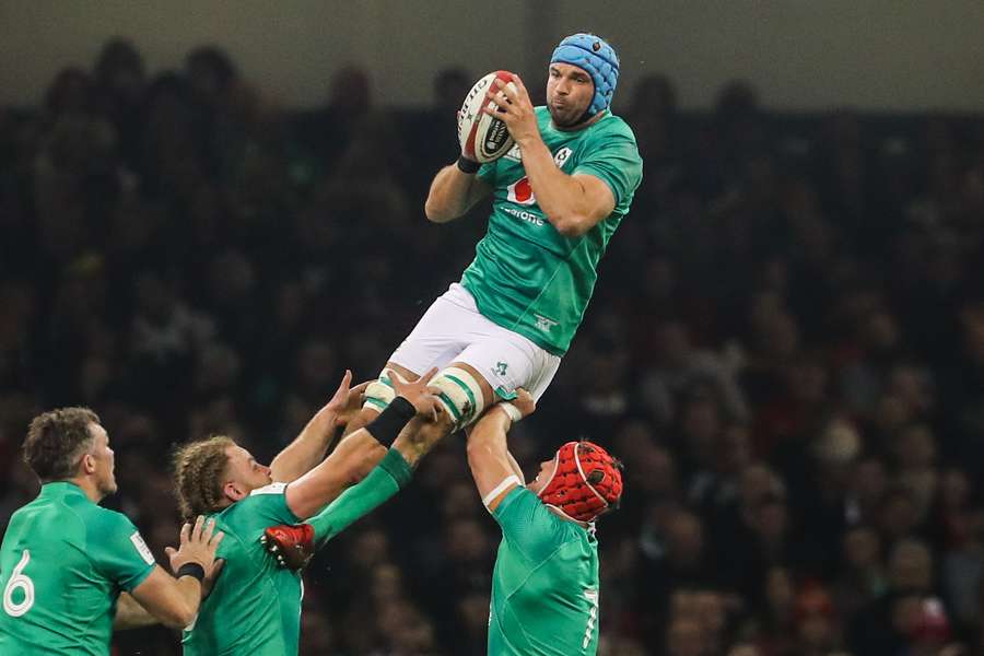 Ireland's lock Tadhg Beirne catches the ball in a line out during the Six Nations international rugby union match between Wales and Ireland 