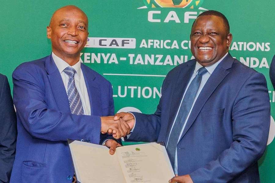 CAF President Patrice Motsepe with Kenya's Cabinet Secretary for Sports Salim Mvurya