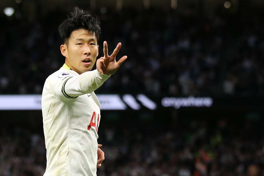 Tottenham Hotspur's South Korean striker Son Heung-Min celebrates after he scored his team's sixth goal 