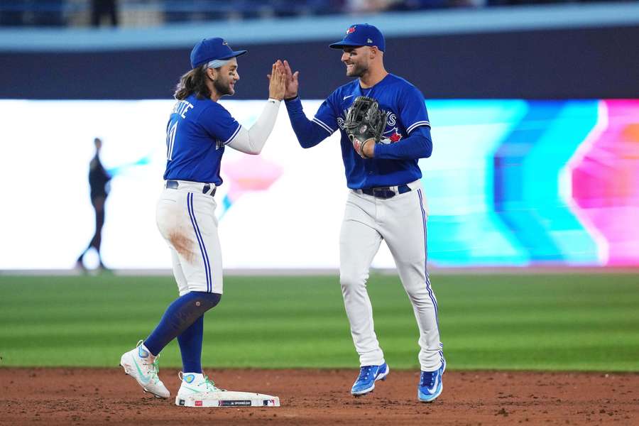 Blue Jays' Bo Bichette, left, and Kevin Kiermairer both homered at Rogers Centre on Tuesday evening