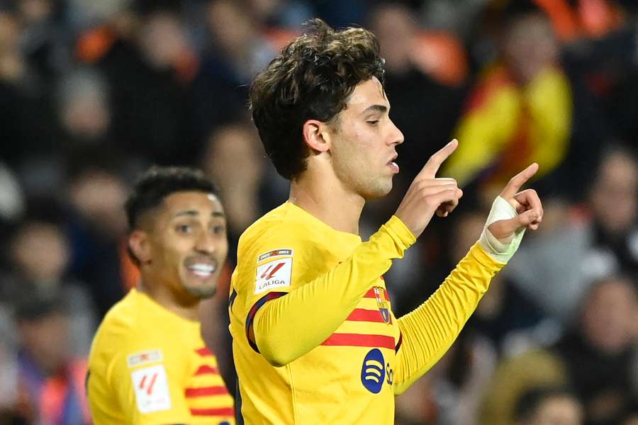 Barcelona's Portuguese forward #14 Joao Felix celebrates scoring the opening goal