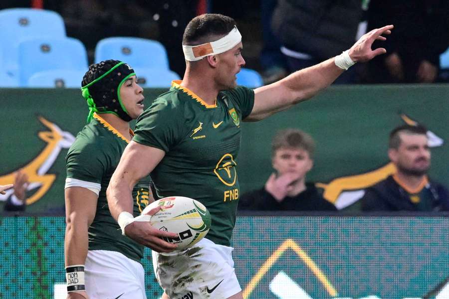 Jesse Kriel celebrates after scoring the opening try