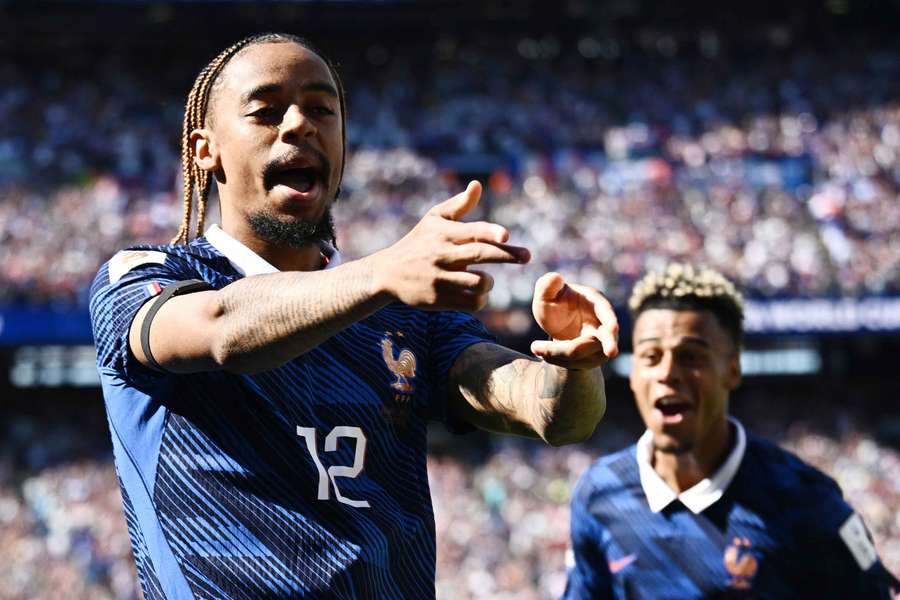 France's Bradley Barcola celebrates scoring at the World Cup