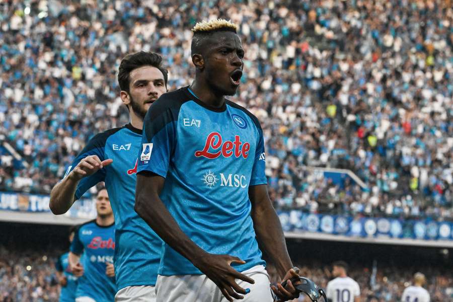 Napoli's Nigerian forward Victor Osimhen celebrates after scoring a penalty to open the scoring