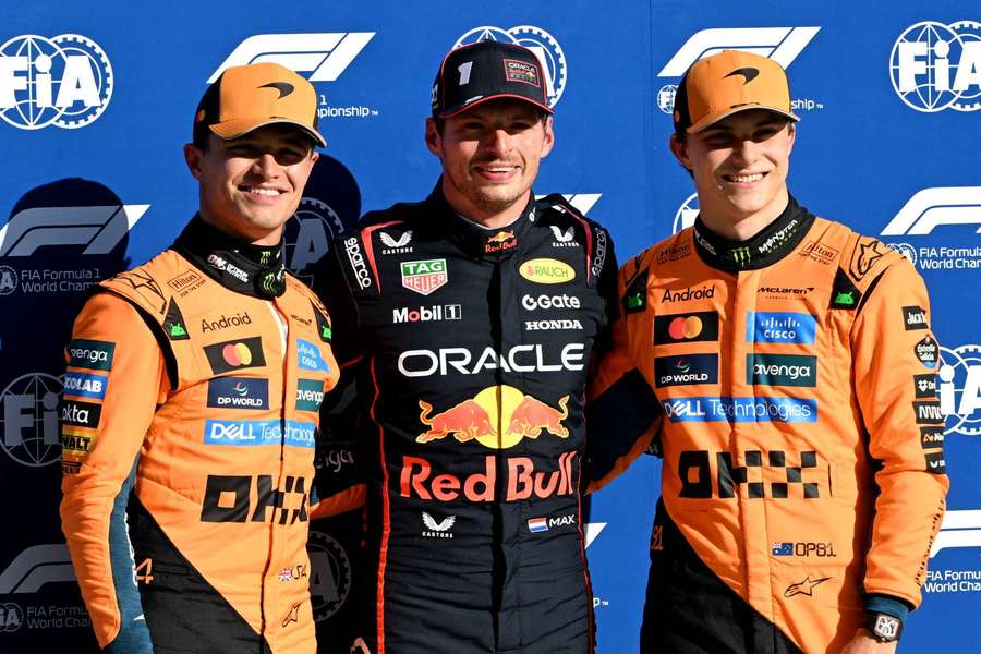 Max Verstappen alongside title contenders Lando Norris, left, and Oscar Piastri, right