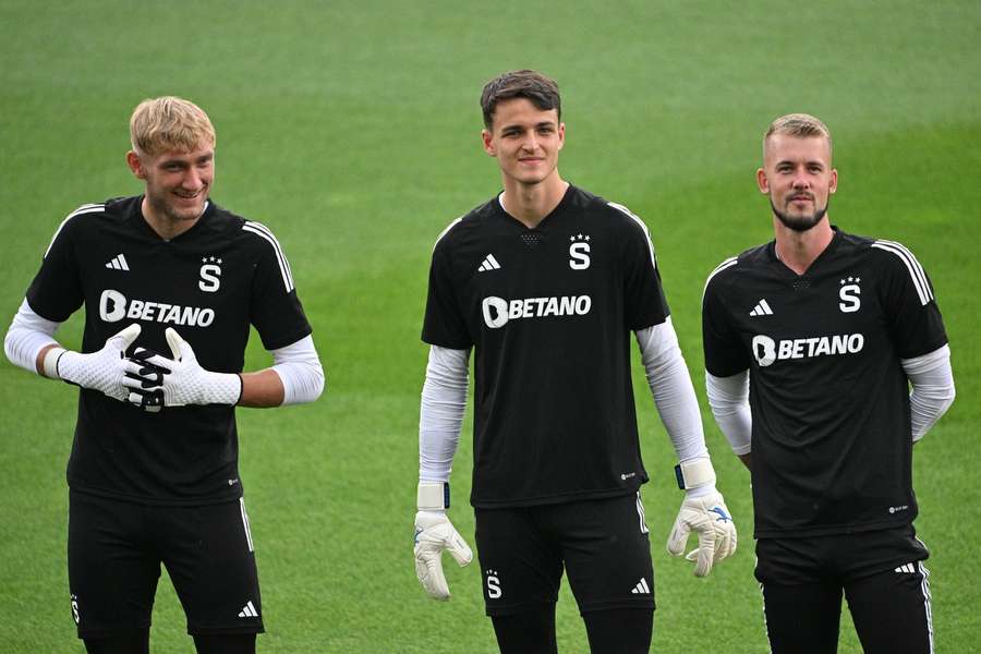 Brankář Filip Nalezinek (vlevo) má ze Sparty odejít do Českých Budějovic.