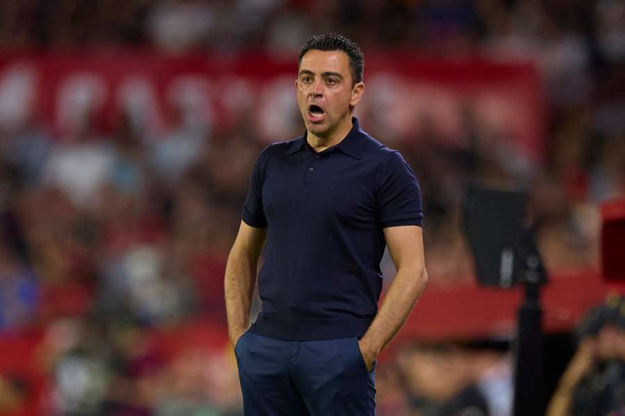 Xavi, Head Coach of FC Barcelona, looks on during the LaLiga EA Sports match between Sevilla FC and FC Barcelona