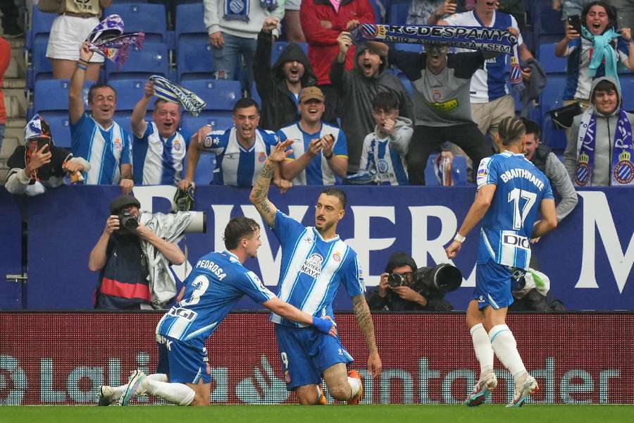 Espanyol's Joselu celebrates scoring