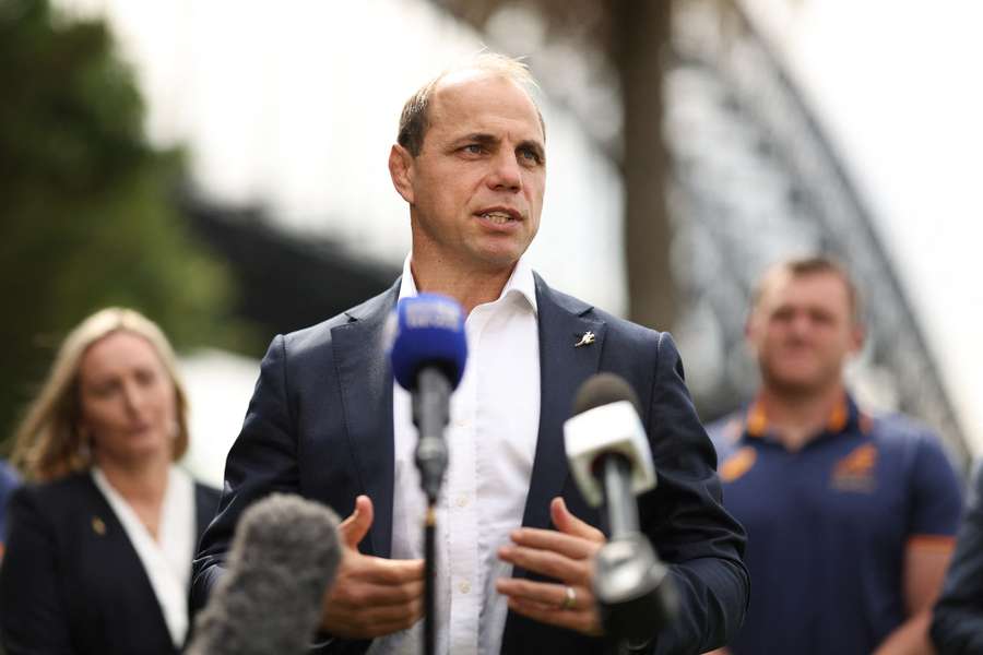 Rugby Australia CEO speaks at a press conference 100 days before the beginning of the 2025 British & Irish Lions tour. 