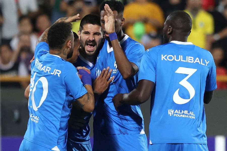 Mitrovic celebrates giving Al Hilal the lead against Nassaji Mazandaran