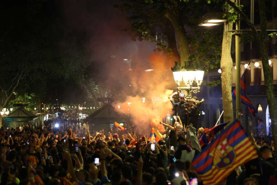 Barcelona fans celebrate winning LaLiga on Sunday