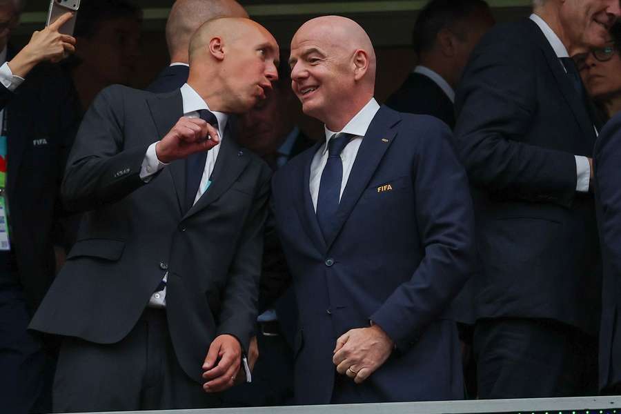 FIFA President Gianni Infantino (R) with Swedish FA President Simon Astrom during the 2026 FIFA World Cup
