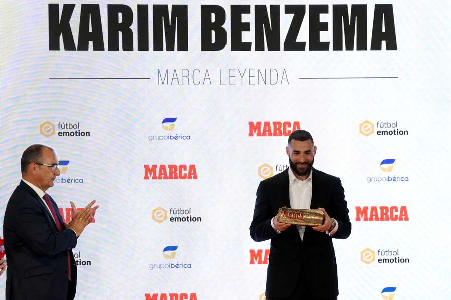 Karim Benzema poses after receiving the MARCA Leyenda (MARCA Legend) award in Madrid earlier this week