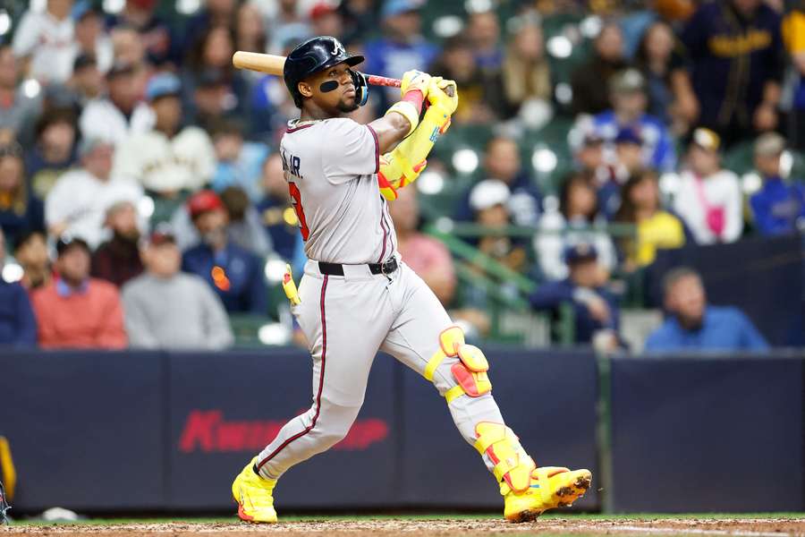 Ronald Acuna Jr. reacts after hitting a home run against the Milwaukee Brewers (2025)