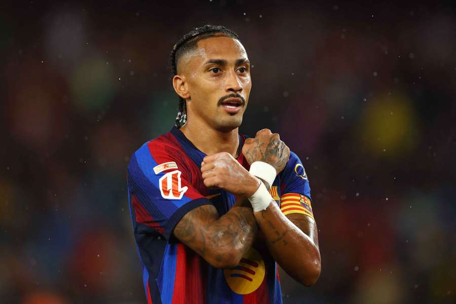 Barcelona's Raphinha celebrates scoring their fourth goal Barcelona's Raphinha celebrates scoring their fourth goal