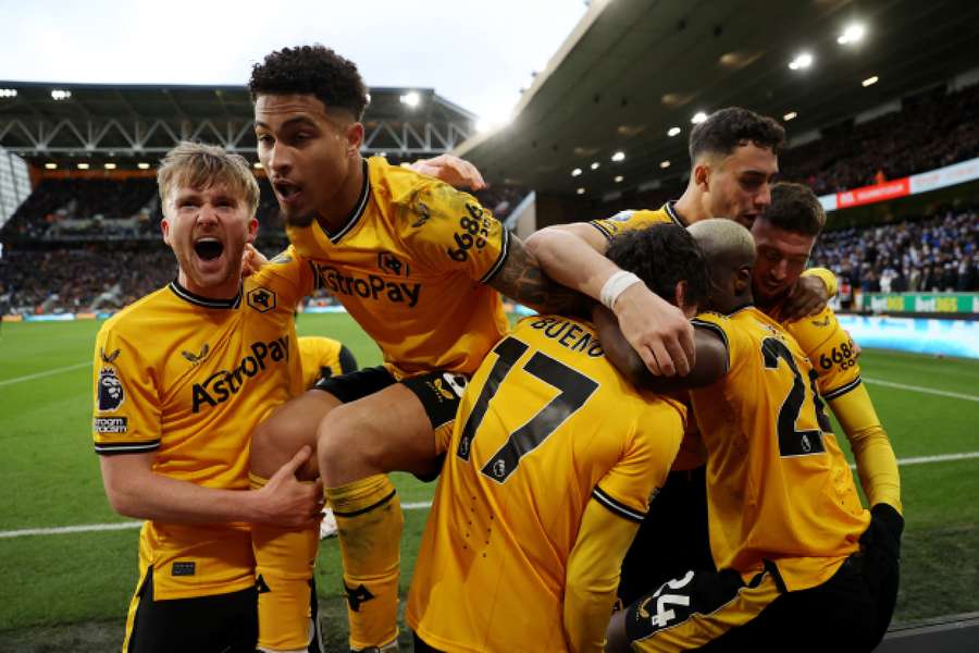 Wolves players celebrate goal