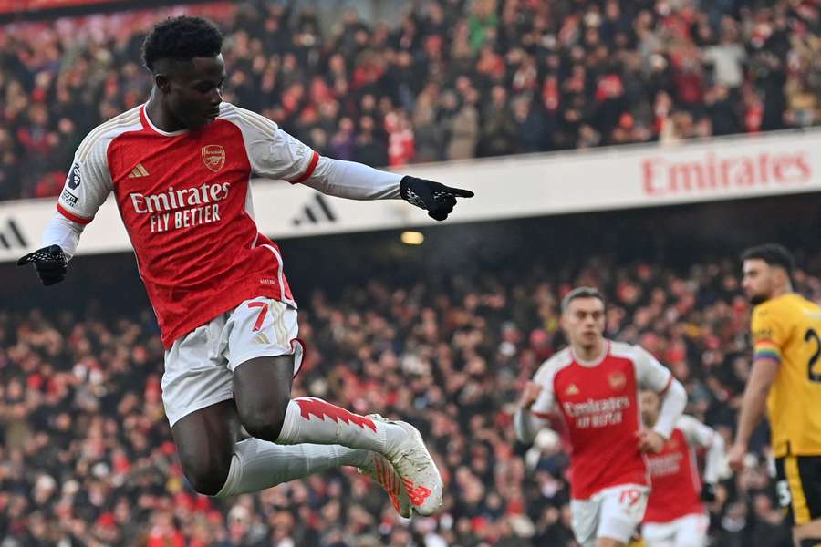 Bukayo Saka celebrates after giving Arsenal the lead inside the opening six minutes