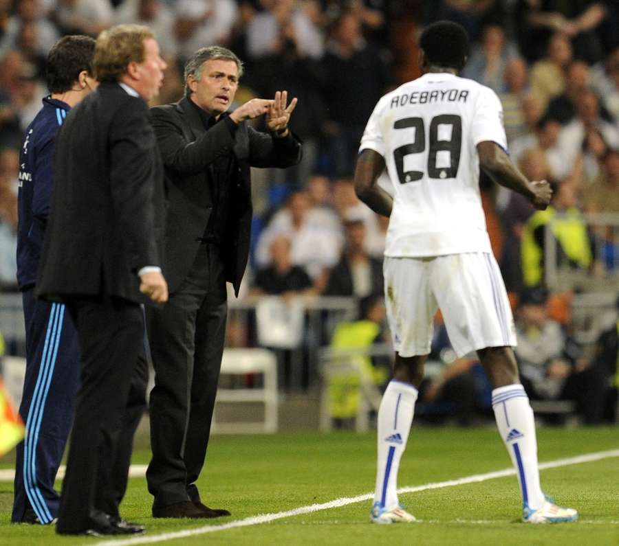 Jose Mourinho giving instructions to Emmanuel Adebayor in 2011. Jose Mourinho giving instructions to Emmanuel Adebayor in 2011.