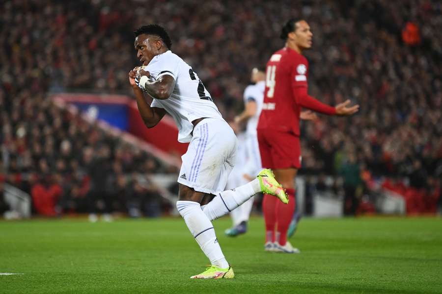 Vinicius celebra uno de sus goles en Anfield en 2023 Vinicius celebra uno de sus goles en Anfield en 2023