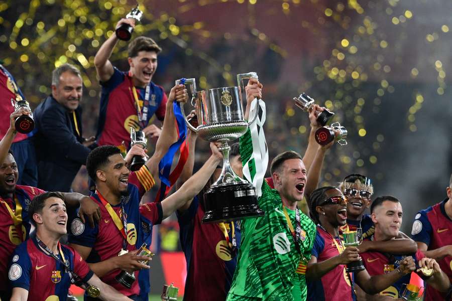 Oslavy hráčů Barcelony po vítězném finále Copa del Rey.