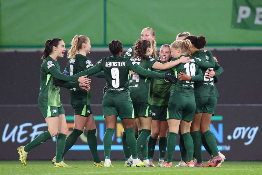 Wolfsburg celebrate one of their goals during their win over Manchester United in the UEFA Women's Champions League