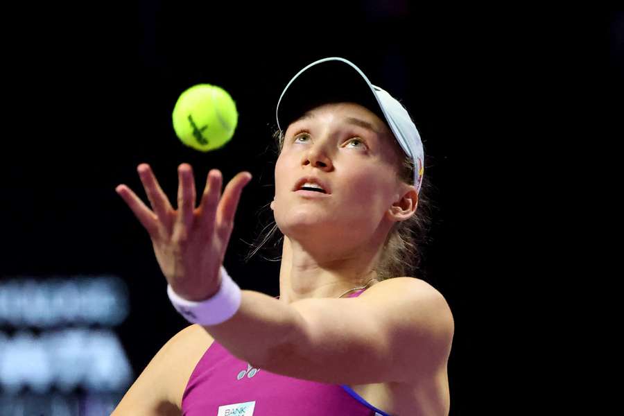 Elena Rybakina prepares to serve against Aryna Sabalenka during their singles match at the WTA Finals Championship in Riyadh