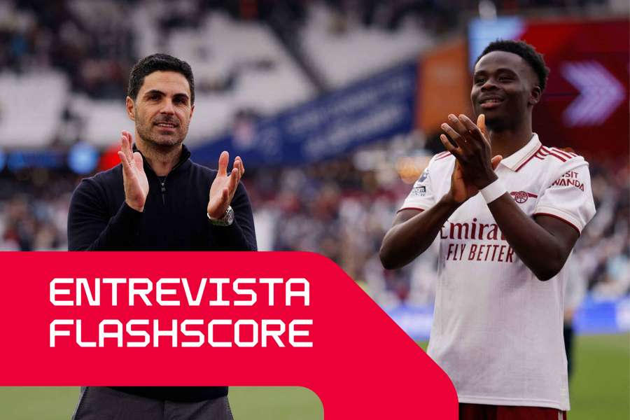Mikel Arteta e Bukayo Saka celebram uma das vitórias do Arsenal. Mikel Arteta e Bukayo Saka celebram uma das vitórias do Arsenal.
