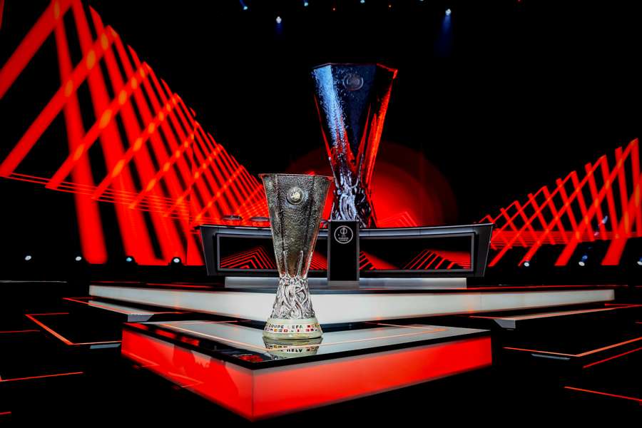 The Europa League trophy on display before the draw