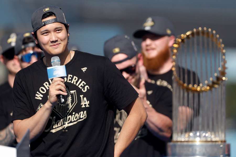 Los Angeles Dodgers' Shohei Ohtani speaks during the World Series parade (2025) Los Angeles Dodgers' Shohei Ohtani speaks during the World Series parade (2025)