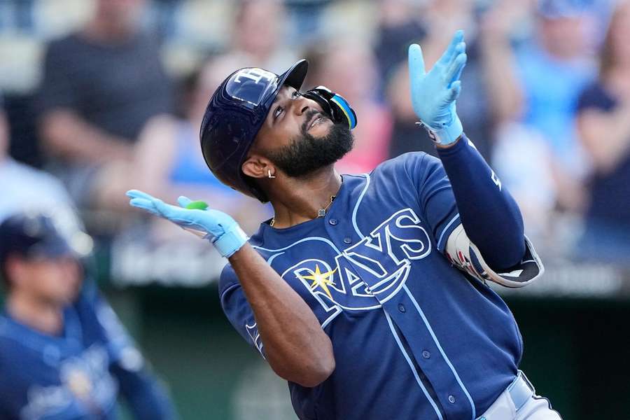 Tampa Bay Rays' Junior Caminero reacts after hitting a home run Tampa Bay Rays' Junior Caminero reacts after hitting a home run