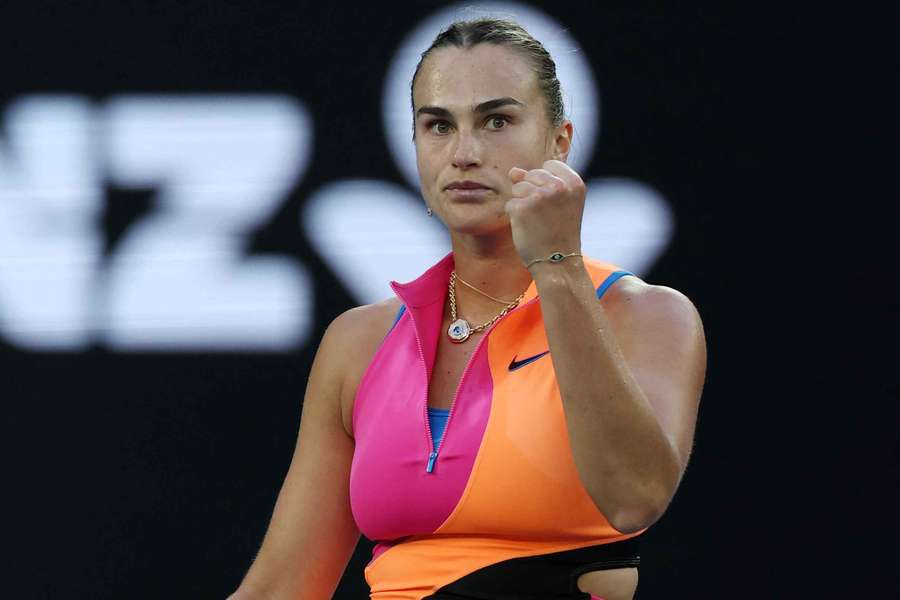 Belarus' Aryna Sabalenka reacts during her first round match against France's Tiantsoa Rakotomanga Rajaonah