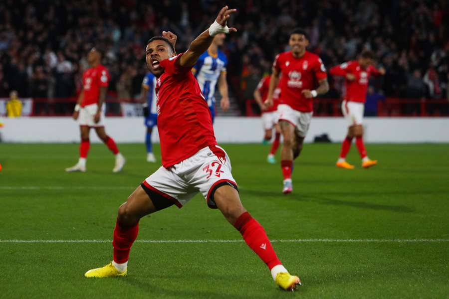 Renan Lodi celebrates Nottingham Forest's second goal