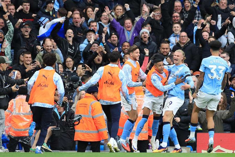 Haaland celebrates after scoring Man City's second goal