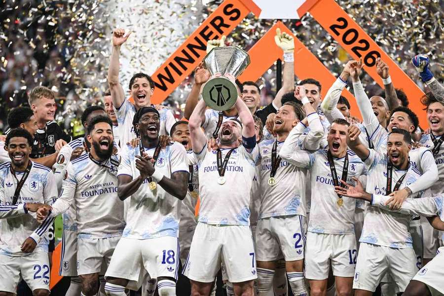 Aston Villa lift the Europa League trophy after beating Freiburg
