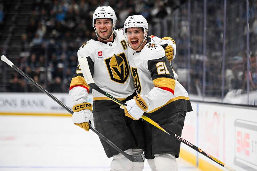 Golden Knights Brayden McNabb (left) and Brett Howden (right) celebrate goal in Game 4 vs Utah Mammoth
