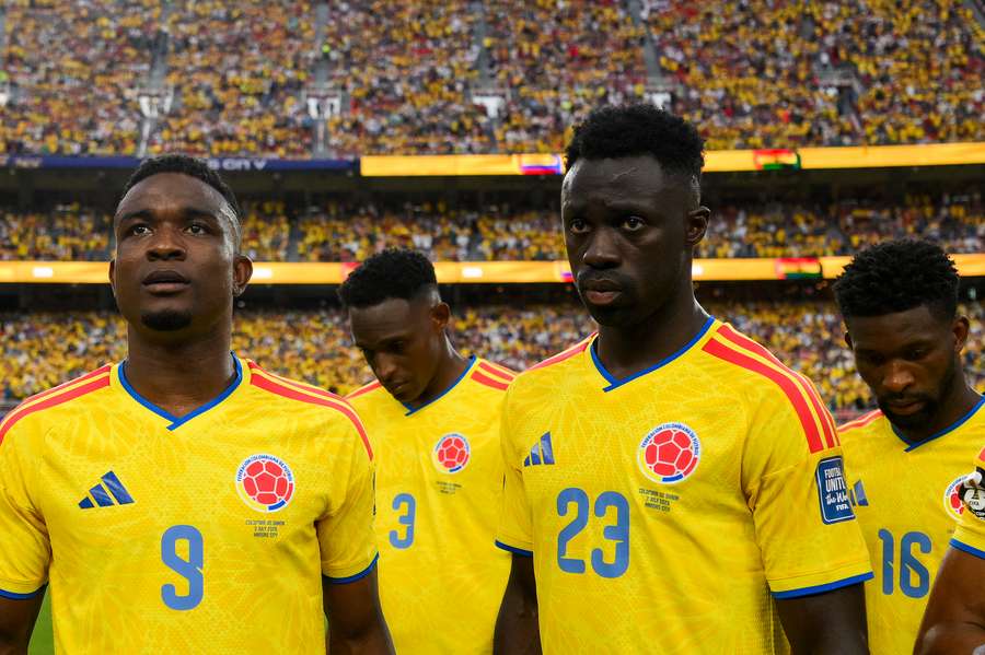 Colombia's Jhon Cordoba (L), Jhon Lucumi. Davinson Sanchez, and Jefferson Lerma prior to the match against Ghana