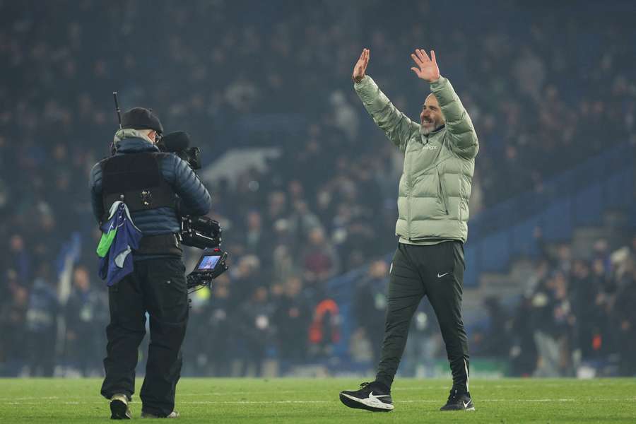 Enzo Maresca celebrates in front of the Chelsea fans following his side's win