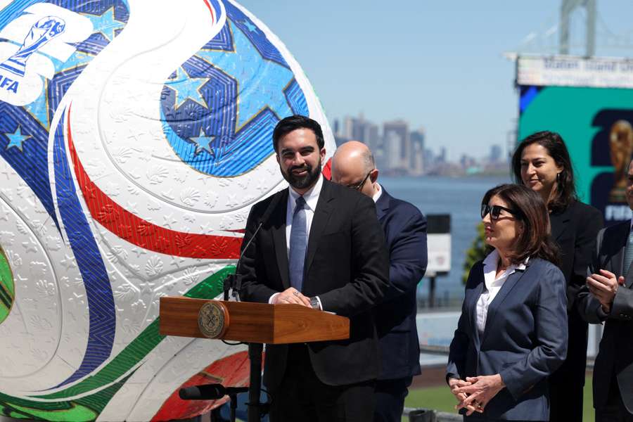 Zohran Mamdani speaking at press conference announcing official fan zone for the FIFA World Cup