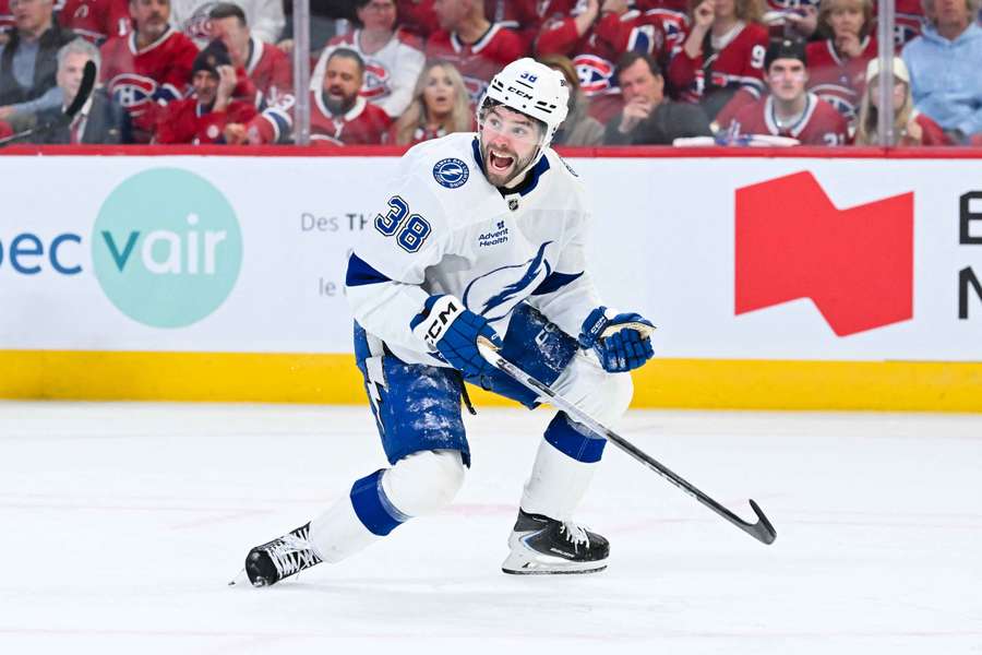 Brandon Hagel celebrates goal in Game 4 vs Montreal Canadiens
