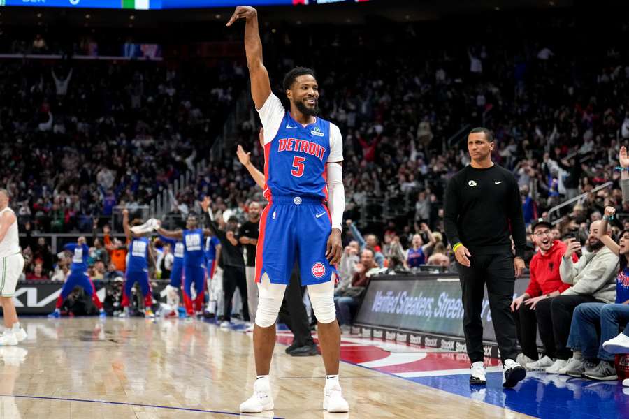 Detroit Pistons forward Malik Beasley smiling after draining a three against the Boston Celtics. (February 26, 2025)