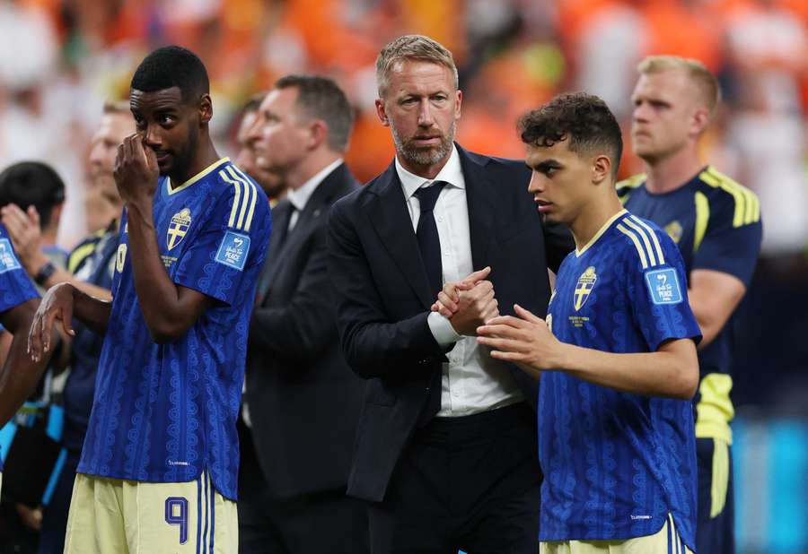 Sweden coach Graham Potter, Alexander Isak and Yasin Ayari look dejected after the match Sweden coach Graham Potter, Alexander Isak and Yasin Ayari look dejected after the match