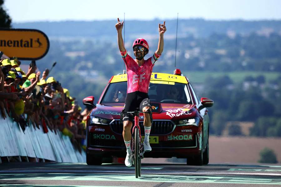 Ben Healy celebrates his win