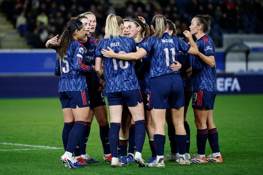 Arsenal celebrate one of their goals in their UEFA Women's Champions League win over OH Leuven.