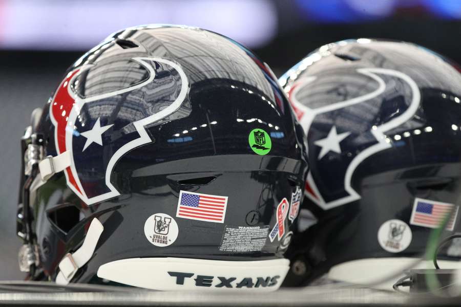 Houston Texans helmets set on the sidelines before a game