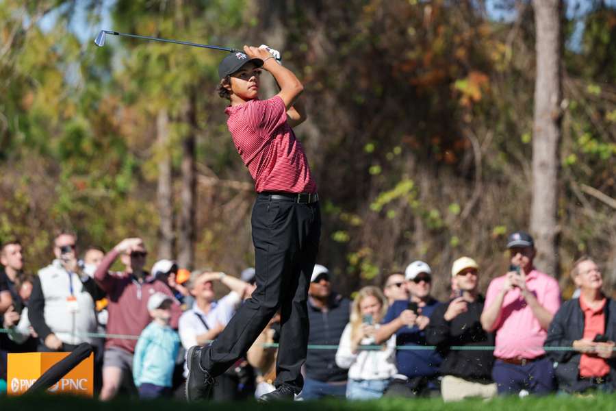 Charlie Woods hits a hole-in-one on the fourth hole during the PNC Championship