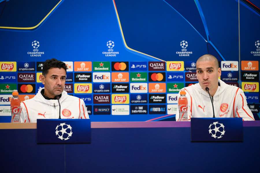 Míchel Sánchez y Oriol Romeu, en la rueda de prensa previa al partido ante el Liverpool