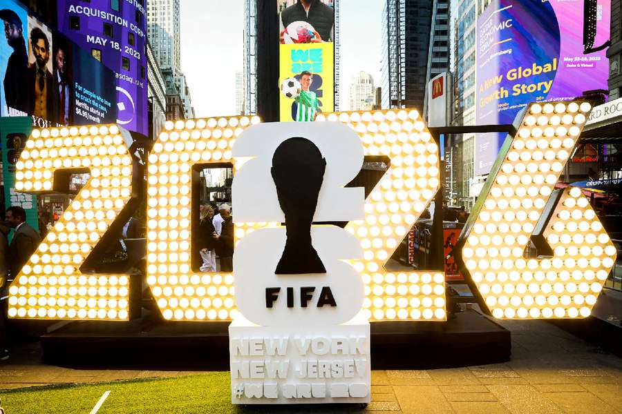 FIFA World Cup 2026 logo is revealed during the kickoff event in Times Square in New York City
