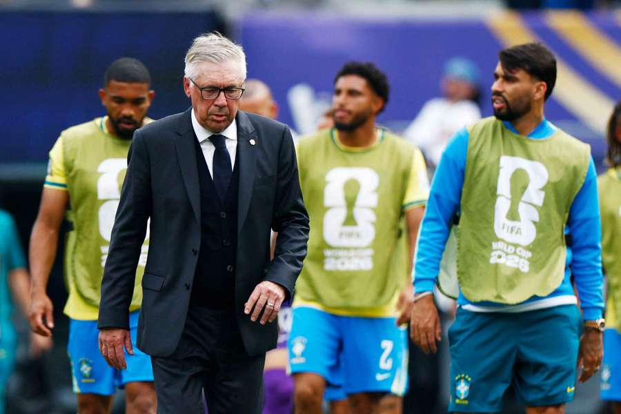 Brazil coach Carlo Ancelotti walks off the pitch at half time Brazil coach Carlo Ancelotti walks off the pitch at half time
