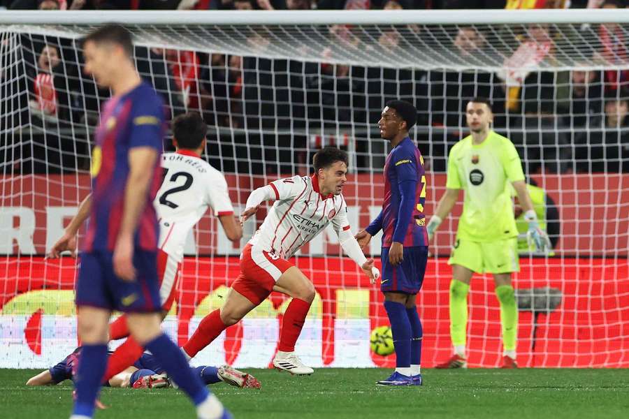 Fran Beltrán celebra el gol de la victoria del Girona